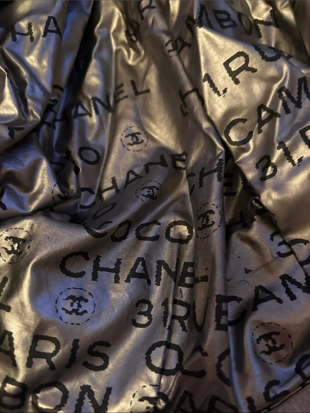 Authentic CHANEL Metallic Silver Logo-Print Shoulder Bag - COA included